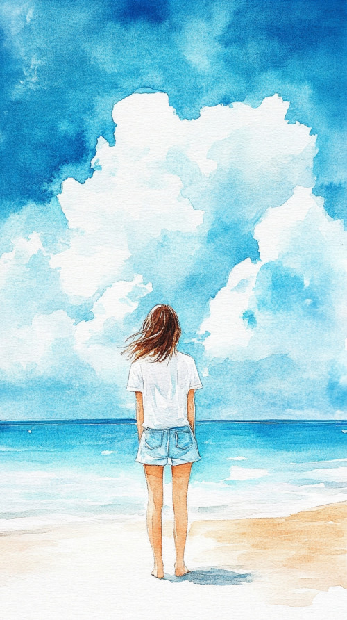 Girl standing on the beach watching the clouds in the distance