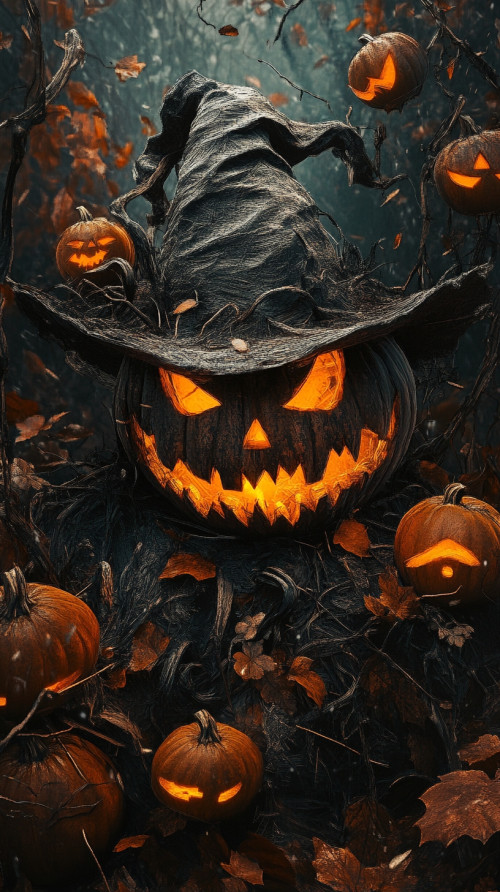 glowing evil pumpkin wearing a witch's hat