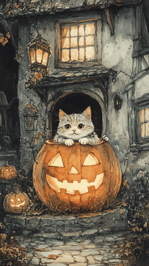 Kitten pokes its head out from inside the pumpkin