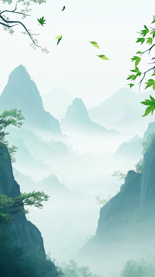 Landscape painting, misty mountains, light blue background