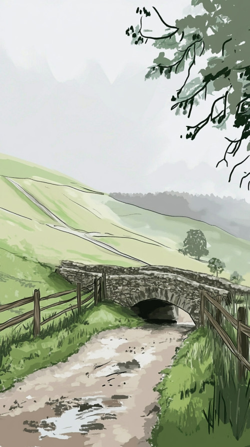 Landscape painting of an old stone bridge connecting two hills