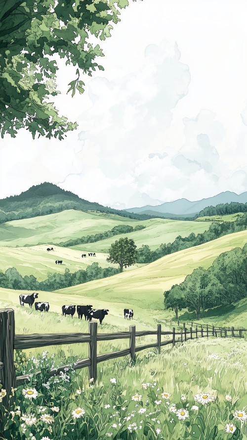 Large cattle ranch, ivory color palette, pencil sketch style