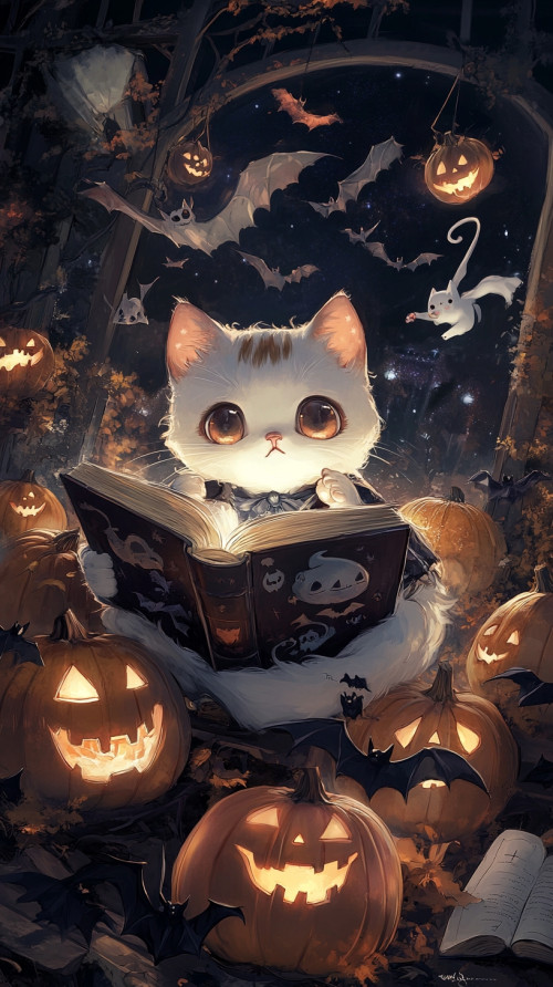 Little cat holding a magic book, surrounded by bat ghosts