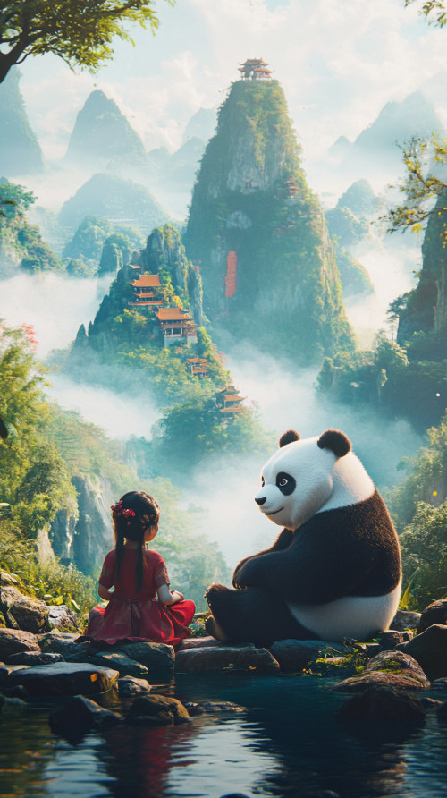 Little girl and big panda chat happily with each other