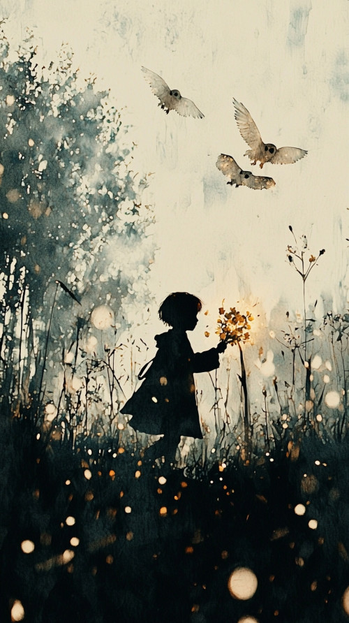 Little girl holding a bouquet of wild flowers and 3 owls flying