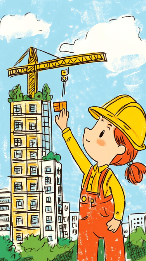 Little girl working as a construction engineer is supervising