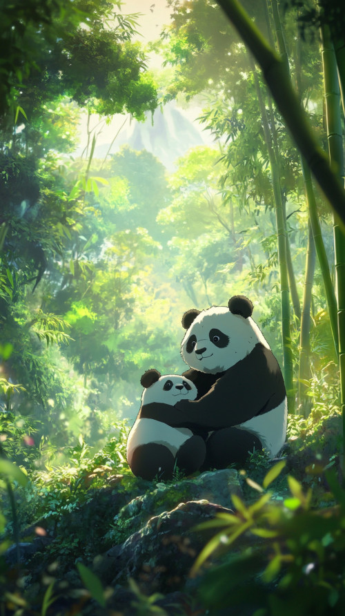 Mother panda hugs baby panda affectionately