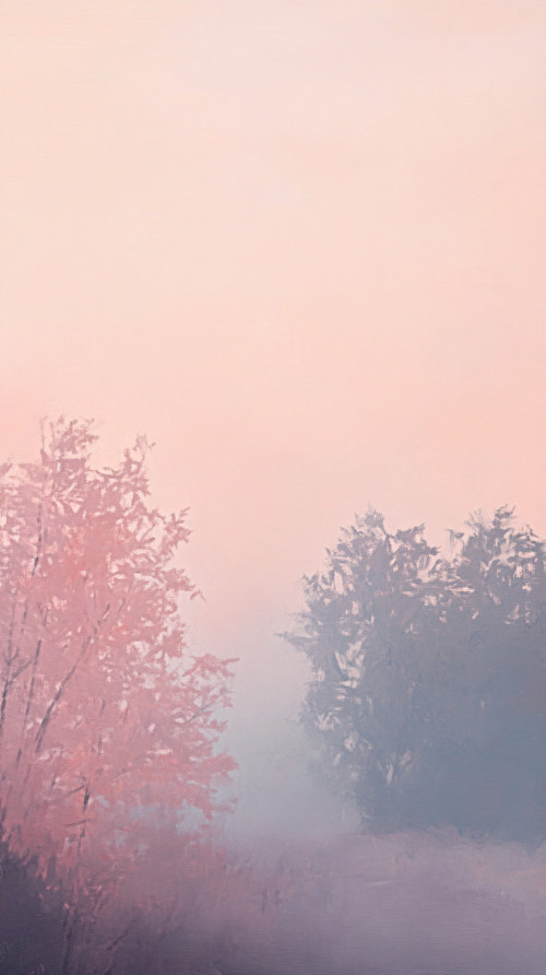 Oil painting of two trees and fog covering the hill