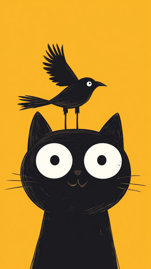 Orange background round eyed cat and bird flying above head