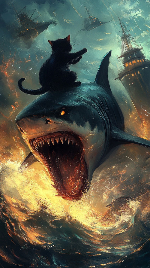 Painting of a black cat riding a shark to escape a ghost ship