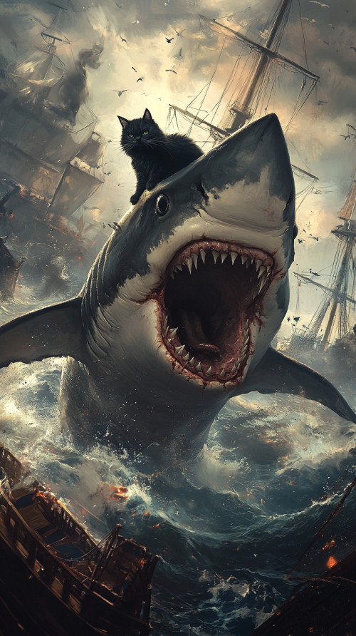 Painting style, angry cat and shark attack the ship