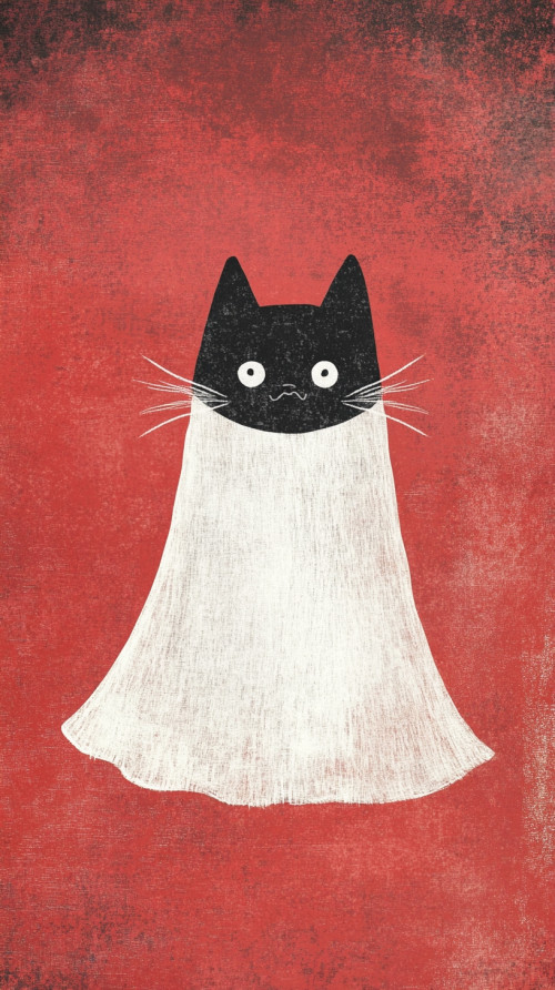 Red background, black cat in white scarf, surprised face