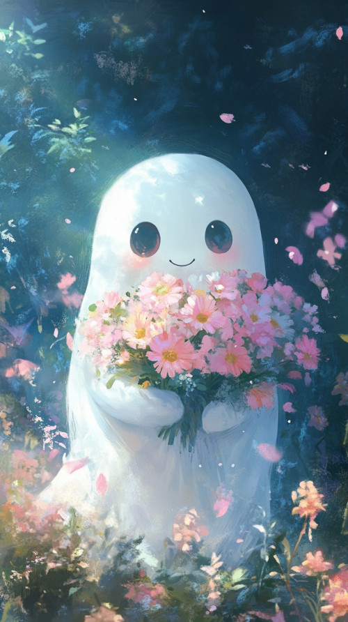 Shy ghost holding bouquet of flowers posing for photo