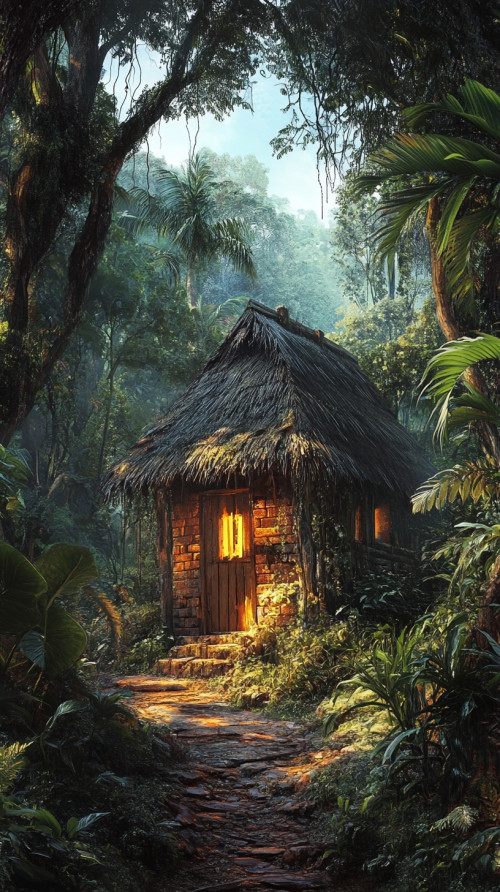 Small hut by the road, lit up in the woods