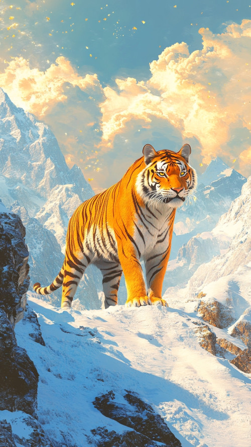 The giant and ferocious tiger on the snowy mountain