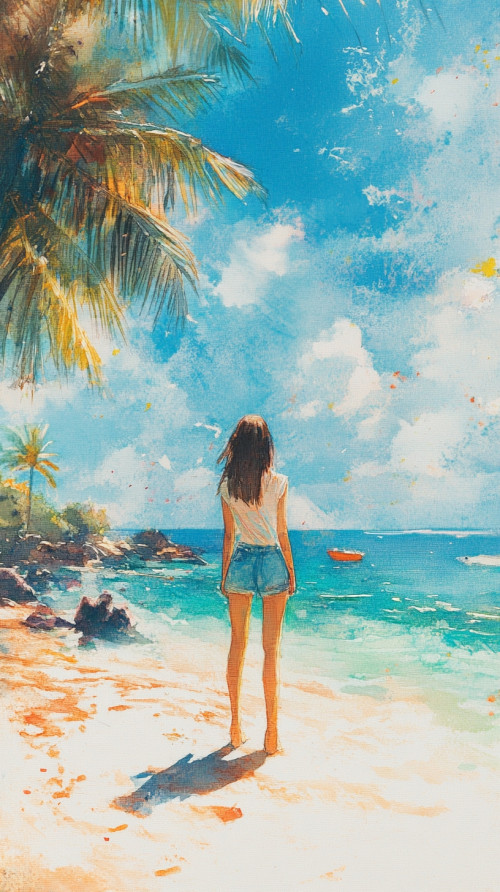 The girl stood on the beach under the bright sun looking out to sea