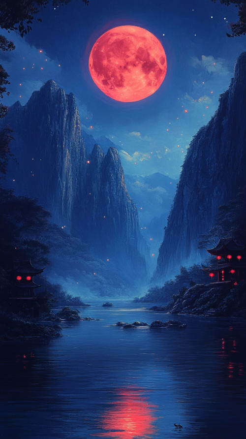 The red moon reflects on the stream and two hanging mountain