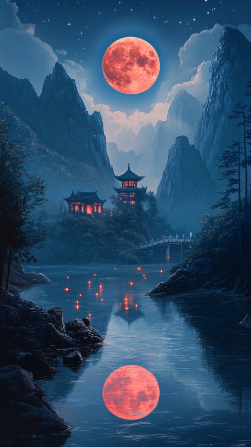 The temple on the mountainside and the bridge across the river