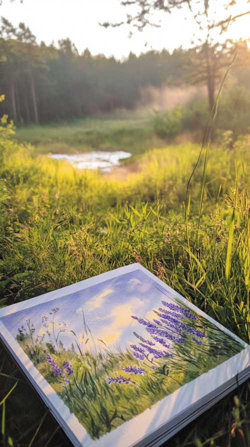 There is an oil painting on the grass near the puddle