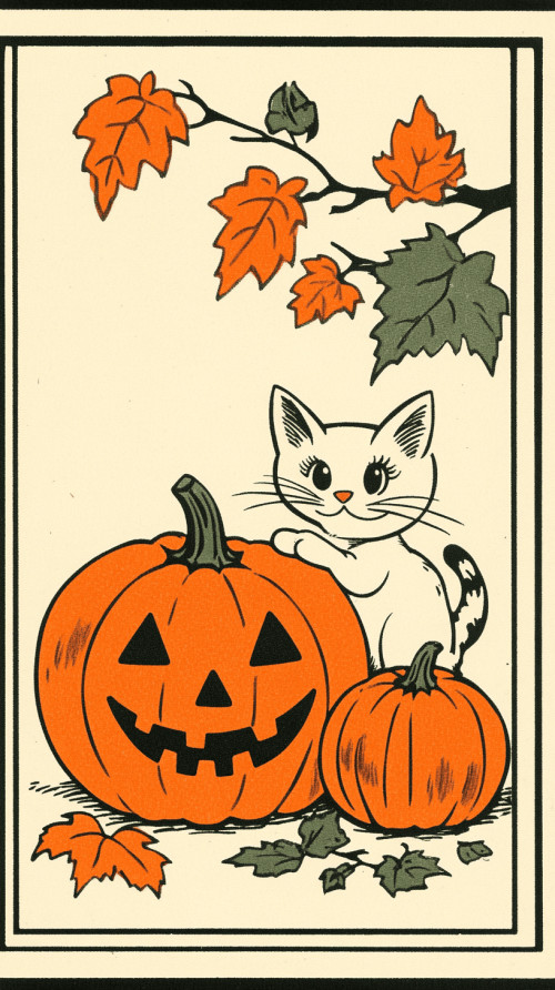 Vintage illustration 1970, a cat playing with a pumpkin