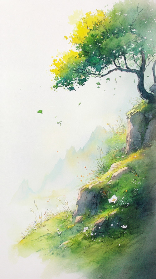 Watercolor painting of gentle scenery on the cliff