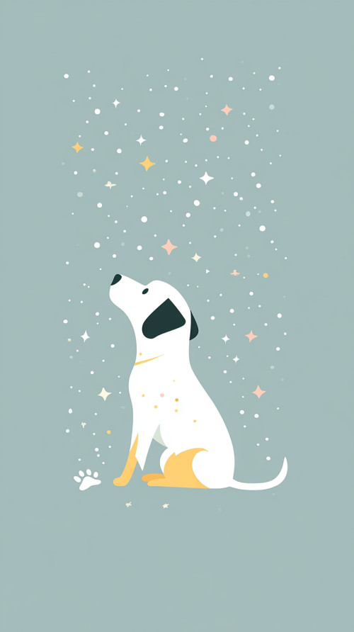 White dog, 4-pointed star symbol and opal background