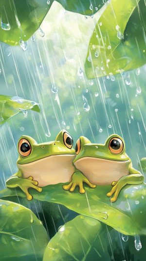 2 green frogs shelter from the...