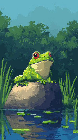 Green frog sitting on rock, pi...