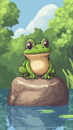 The green frog sits on a rock,...