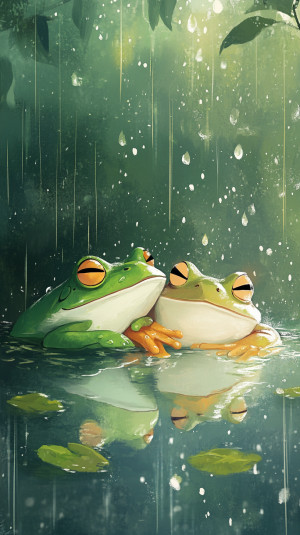 Two frogs cuddling in a pond i...