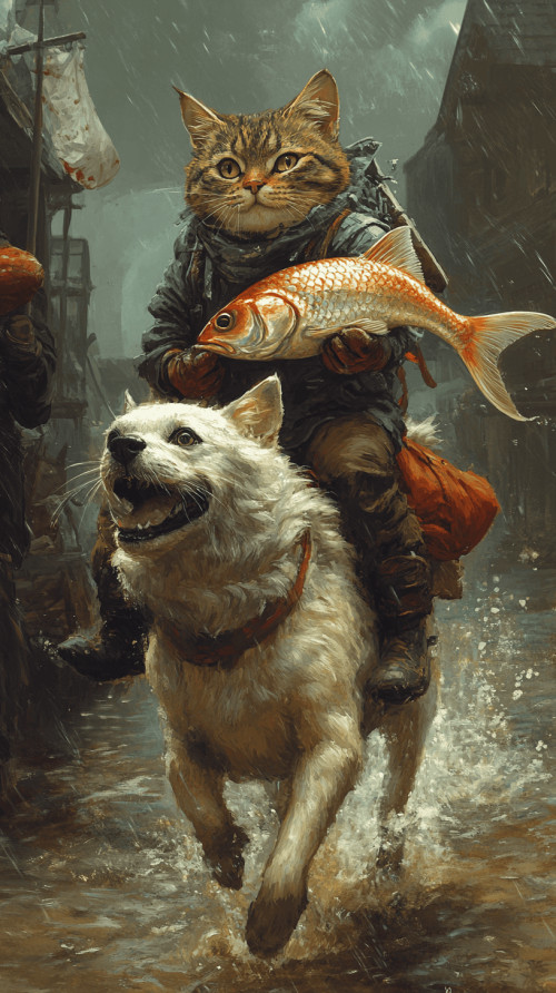 Cat rides dog to steal fish in the rain