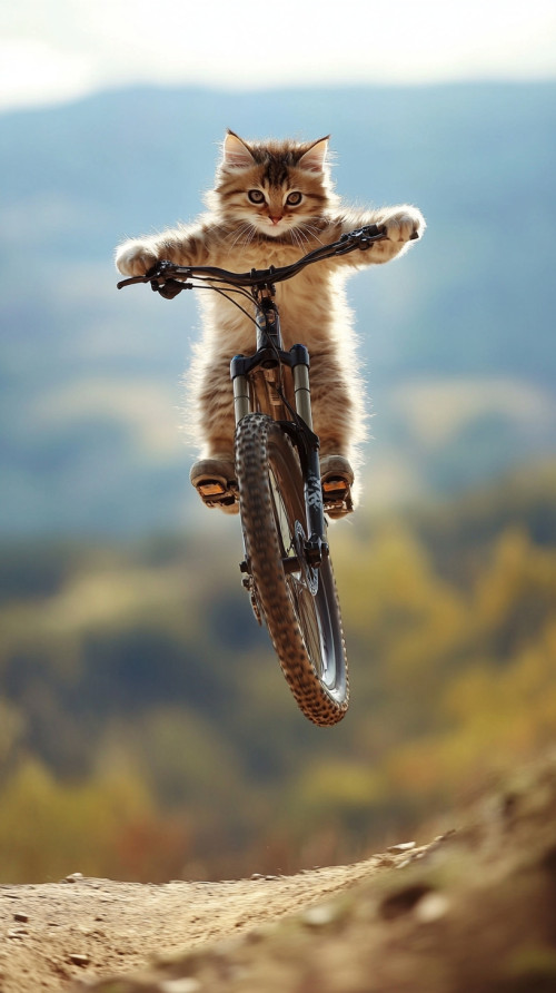 Kitten jumping mountain bike