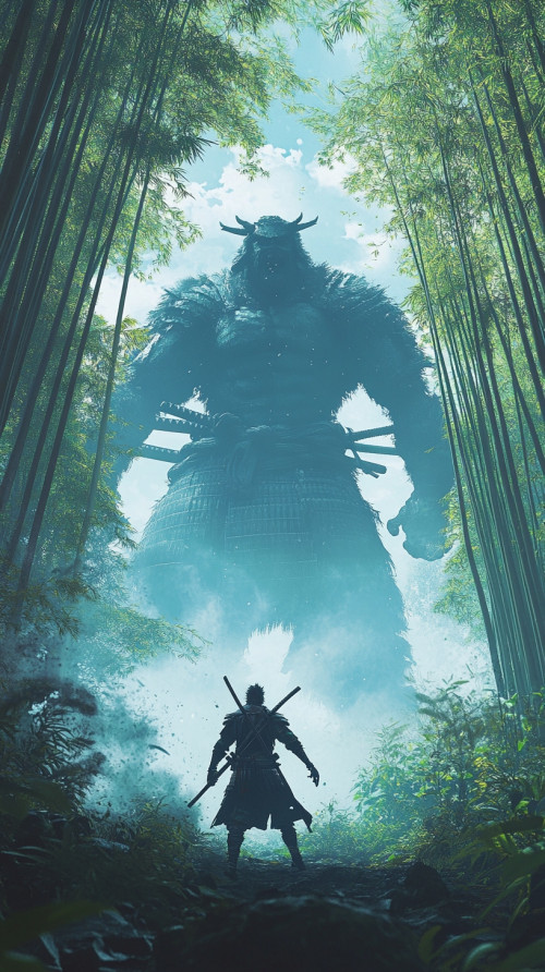 Knight fights giant monster in bamboo forest