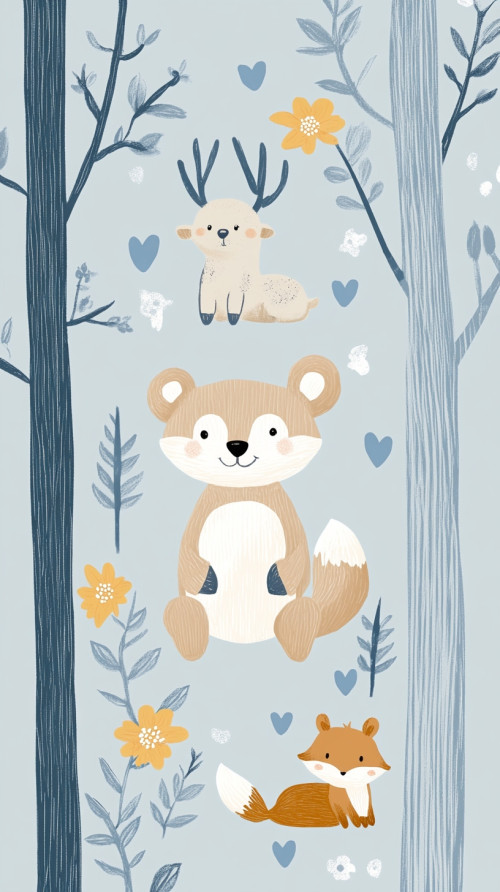 Whimsical illustration style, bear squirrel and deer