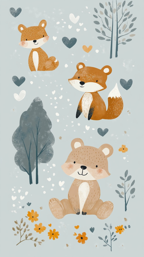 Whimsical illustration style, bear, squirrel, heart and flower