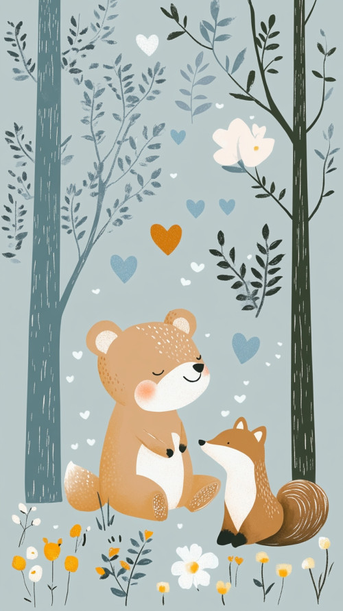 Whimsical illustration style, soft blue, bear and squirrel