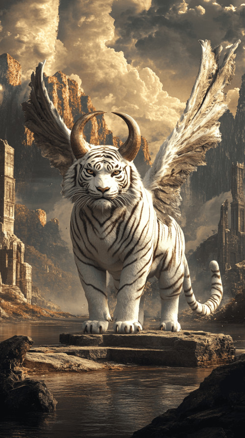 White tiger with horns and wings standing next to ancient castle