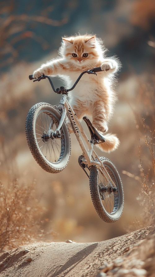 Yellow cat shows off mountain bike jumping skills